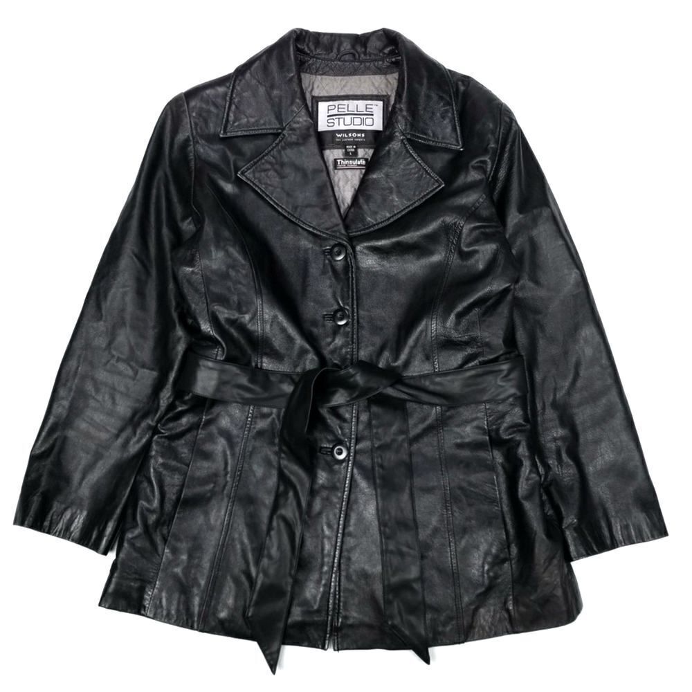 VINTAGE Wilsons Leather 90s Button Down Belted Wrap Coat Large Black Y2k 90s